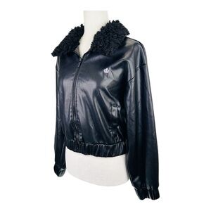 Juicy by Juicy Couture Black Vegan Leather Faux Fur Collar Cropped Moto …